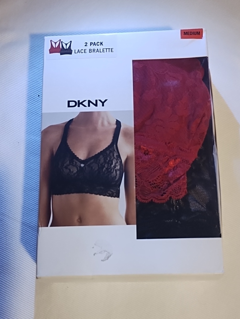 NIB Unopened DKNY Lace Bralette 2-Pack in Red & Black Medium.